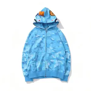 SIDER-SPORT Double-Capped Shark Head Hoodie for Men Autumn Winter Fleece Lined Youth Cardigan with Zipper Long Sleeve Stylish Design Blue Camo