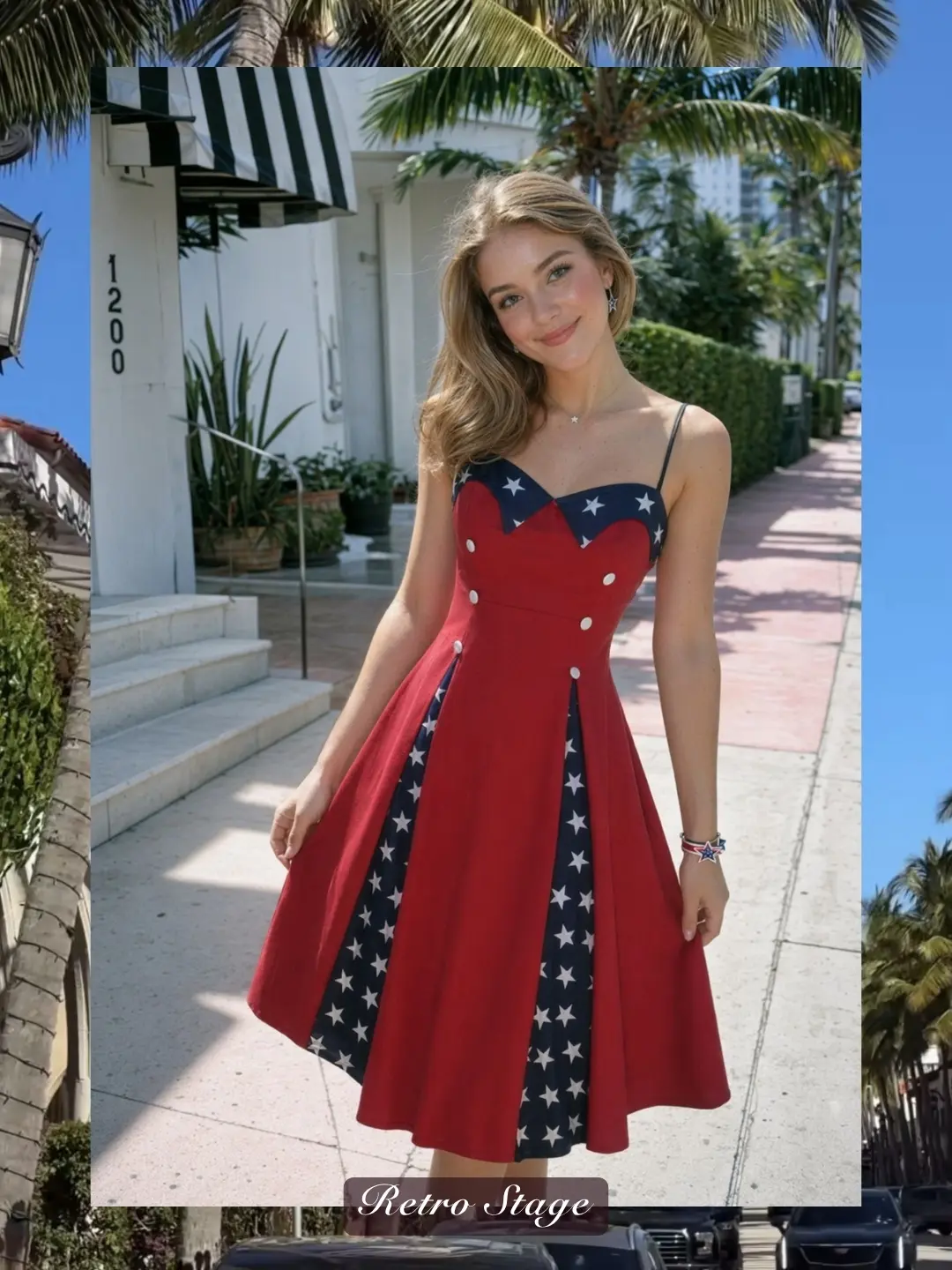 RETRO STAGE Women's Vintage 1950s Star Patch A-Line Dress, Sleeveless Knee-Length Outfit with Concealed Back Zip for Fourth of July, Vintage Frock, Going Out, Zipper, Watch Party