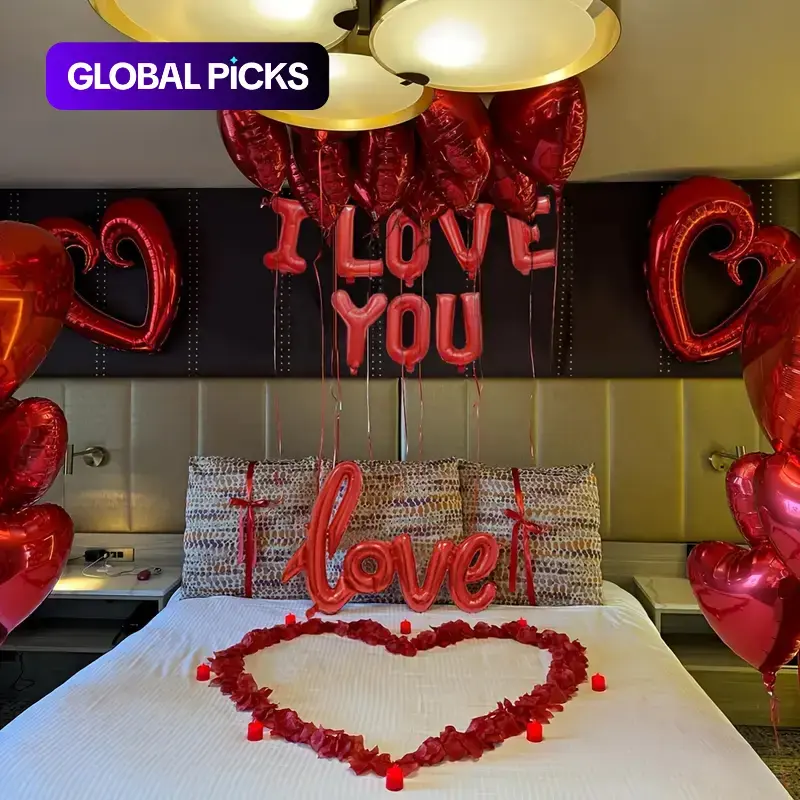 Valentine's Day Balloon Decoration Kit, Red Heart Foil Balloons with I Love You Banner & Rose Petals, Romantic Proposal Room Decor for Anniversary Wedding Surprise, Happy Anniversary Decorations, Party Balloons