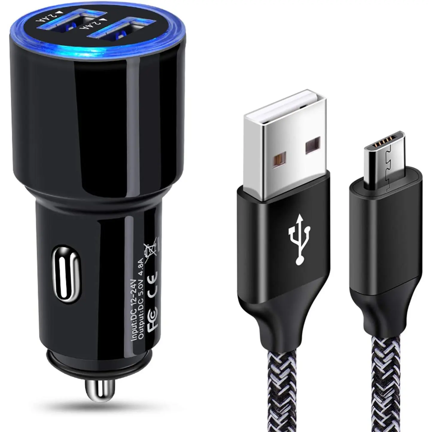 24W Total Fast Car Charger Adapter Set - High-Speed USB & Micro USB Cable Phone Charger for Samsung Galaxy S7 Edge, J7 Prime, J3, Android Devices, Compatible with HTC M9, PS4 Controllers