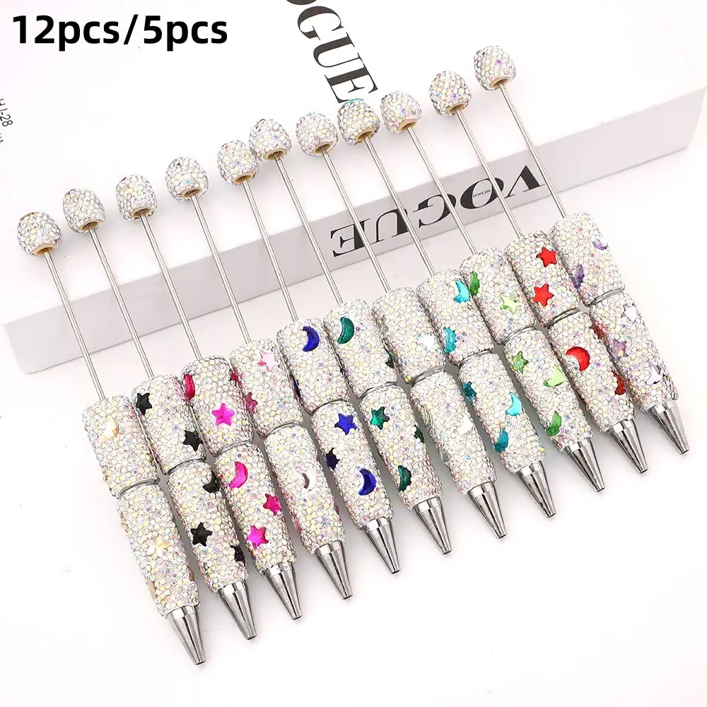 12pcs/5pcs DIY Cute Star Moon Bead Pens, Colorful Full Drill Mocha Drilled Hole Beads Pen, Trendy Small Granule Pen, Aesthetic Pens, Beadable Pen, Beaded Pens