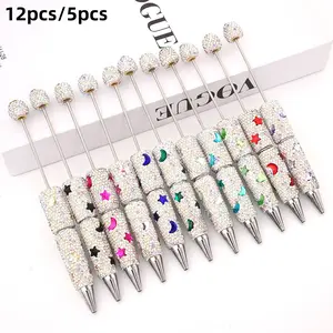 12pcs/5pcs DIY Cute Star Moon Bead Pens, Colorful Full Drill Mocha Drilled Hole Beads Pen, Trendy Small Granule Pen