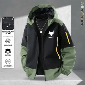 Men's Casual Waterproof Jacket with Letter and Bull Head Print on Chest, Suitable for All Weather Conditions, Durable Outdoor Apparel, Combining Fashion and Functionality  Menswear Coats Stylish jackets puffer Animal