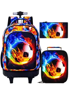 Three-Piece Set Single Handle Children Rolling Backpack, Wheel School Bag & Lunch Bag (football), Boys and Girls Rolling Backpack