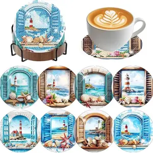 8 Piece Diamond Painting Coaster Set with Landscape Patterns and Stand, DIY Art Craft Kit for Beginners, Unique Home Decor Gift, Diamond Painting Kits