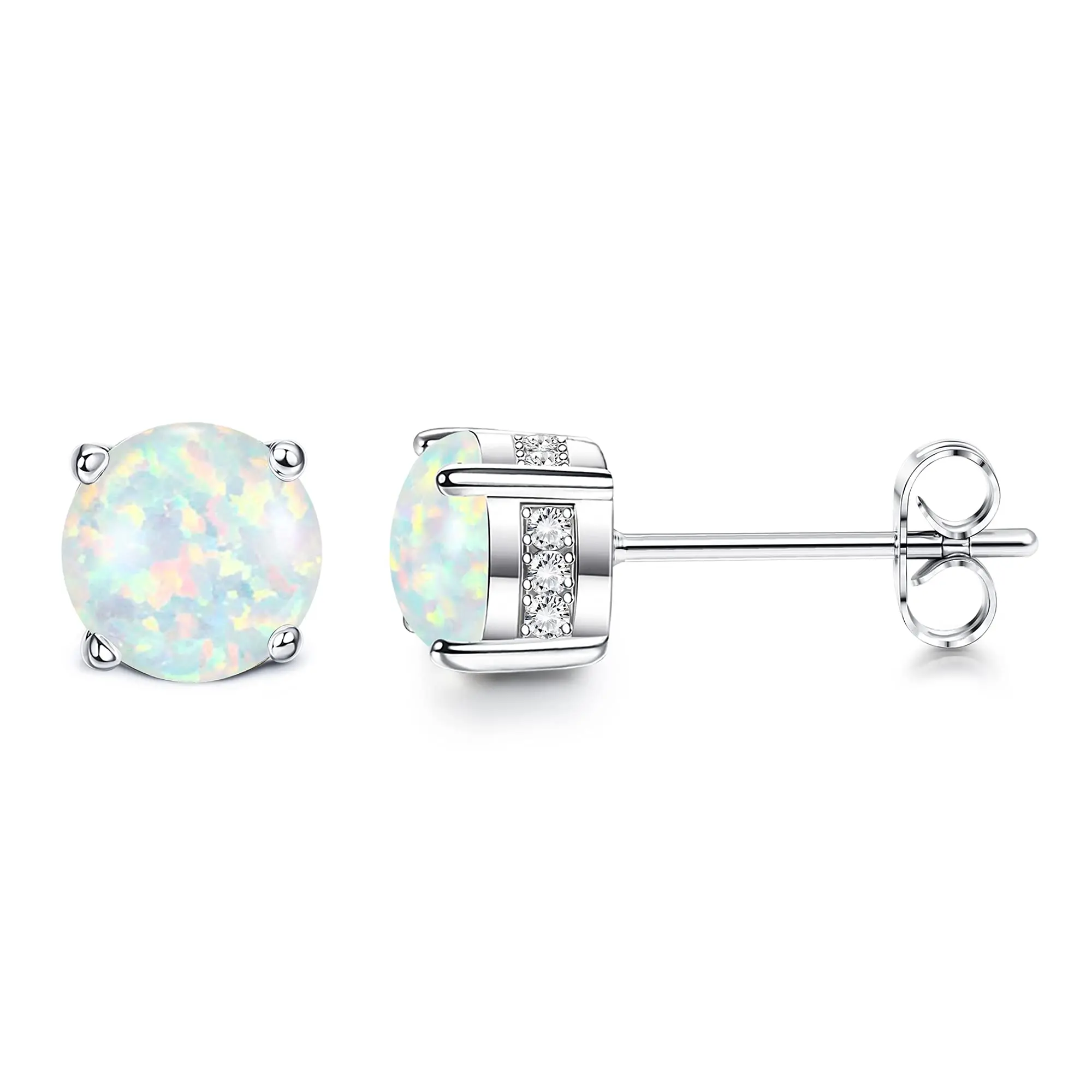 Women's Milacolato 6x6mm Round Cut Created White/Blue/Pink Opal Stud Earrings, 18 Karat Gold-Plated Hypoallergenic Stainless Steel Post, Iridescent Hue Dainty Gold Costume Jewelry, Iriscent Hue, Dainty Gold Earrings