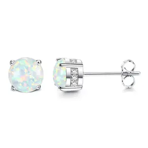 Women's Milacolato 6MM Round Cut Created White/Blue/Pink Opal Studs Earrings, 18 Karat Gold Plated Stainless Steel Post Costume Jewelry