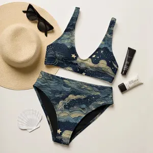 Women Japanese Wave Starry Night Sky Navy Bikini Set Vintage Art Loose Comfortable High Waist Swimwear Beach Pool Summer Festival Vacation Sunbathing Two Piece