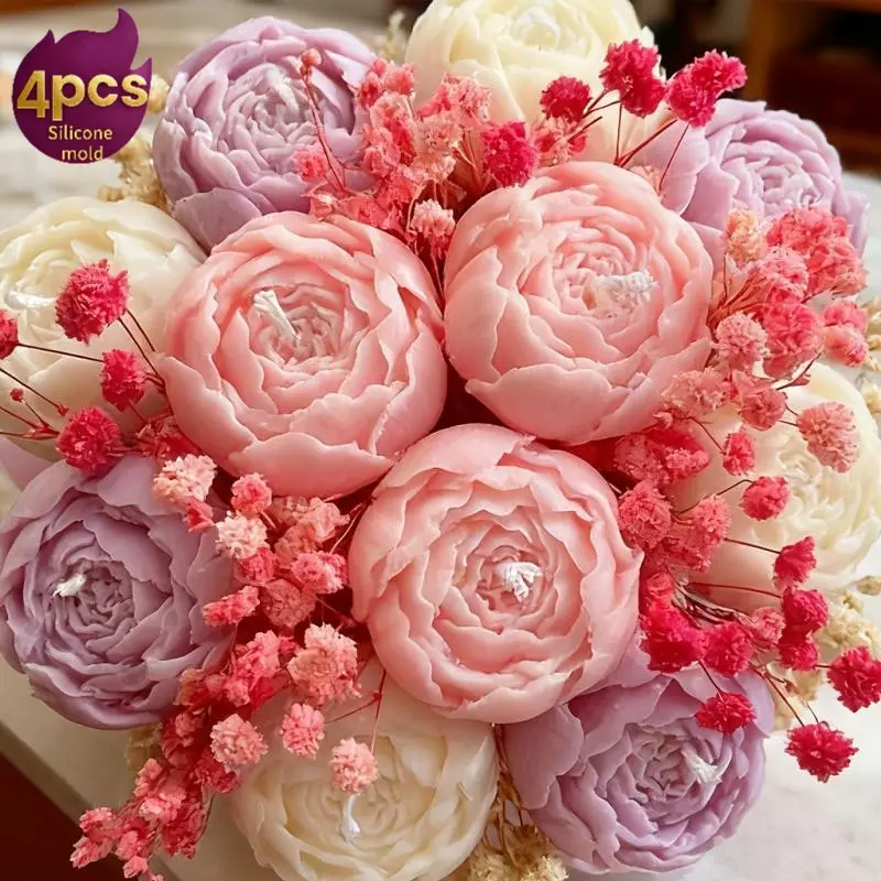 4-pack 3D Rosebud Mold, Candle Molds For Candle Making - Layered petal and stem design, non stick silicone material suitable for candles, resin, wax, soap - Reusable flower molds, preferred for DIY handicrafts, flower gifts