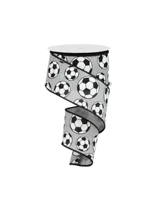 Soccer Themed Ribbon 2.5" 10yds Light Silver with White Balls for Homecoming Mums & Sports Decor