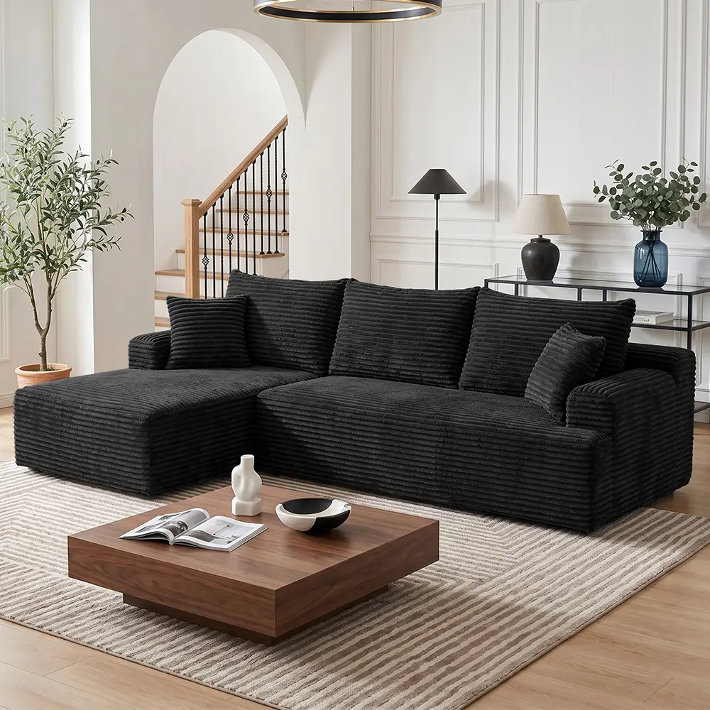 96'' Plush Modern L-Shaped Cloud Sectional Sofa Corduroy Cloud Velvet Modular Couch with Chaise, No Assembly Required Sectional Sofa living room furniture