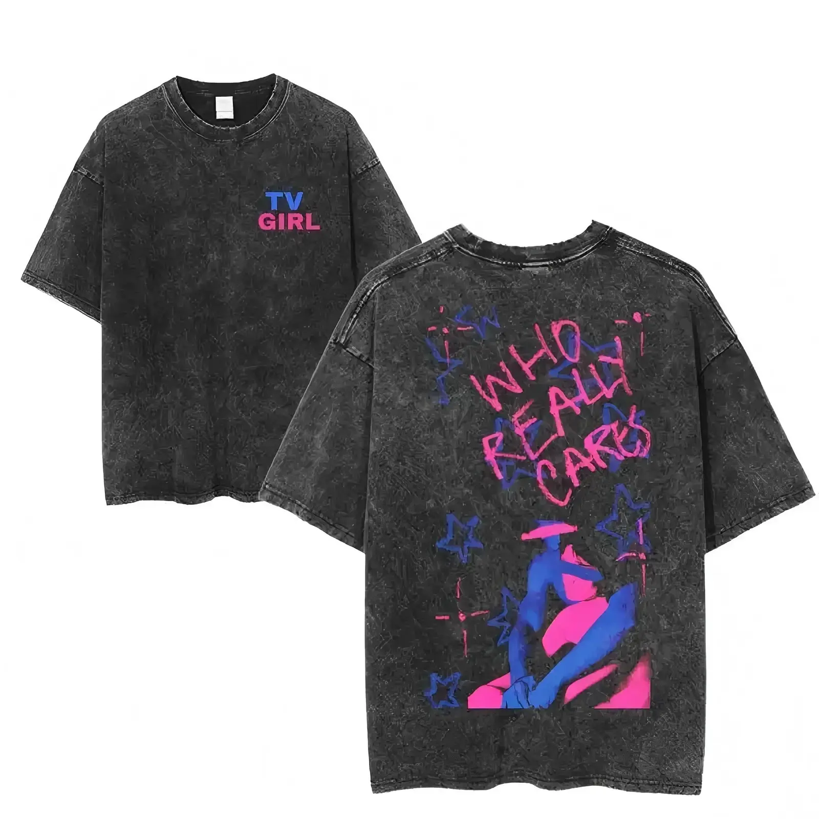 TV Girl Who Really Cares Graphic Tee, Indie Pop Band Tour Shirt, Vaporwave Aesthetic Streetwear, Washed Black Unisex Music Fan T-Shirt Fit Vintage tiktokshopspringglowup,summervibes outdoorfun,funny graphic tee, men’s trendy t-shirts,