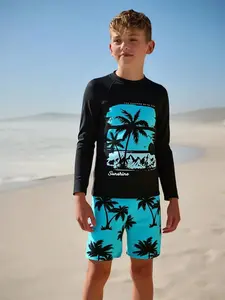 Boys' Sun Protection Swimwear Set, Long Sleeve Quick-Dry Swimsuit, Fashion Coconut Tree Print, Comfortable Breathable UV Protection