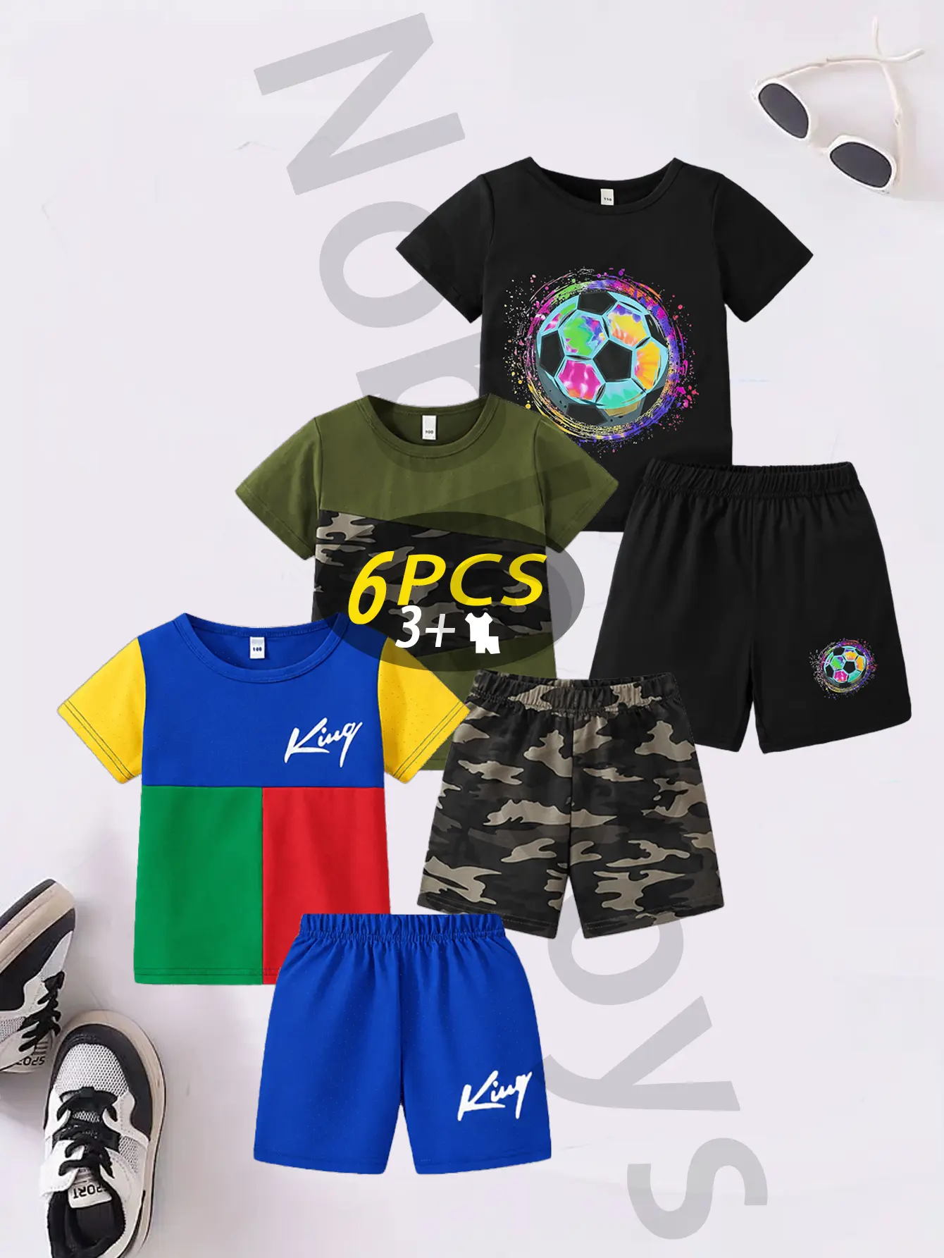 Kids' 6-Piece Shorts Set for Boys & Girls, Printed Athletic Summer Casual Wear, Includes 3 Tops and 3 Bottoms, Suits & Sets, Multiple Tops, Knit