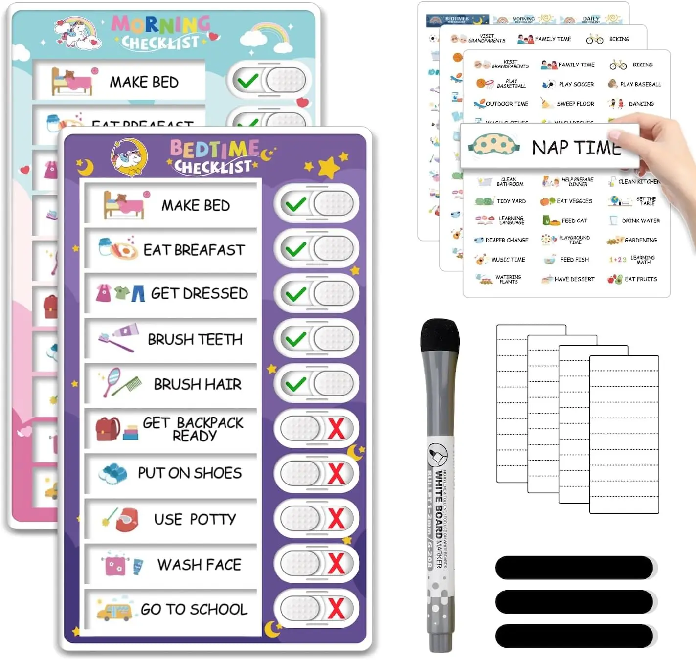 -NON BAO HIEM- Upgraded 2-in-1 Magnetic Bedtime & Morning Routine Chart - Office Personal Organiser, Cute Visual Board, Erasable Checklist, Reusable Planner