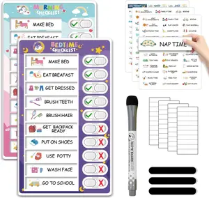Upgraded 2-in-1 Bedtime & Morning Routine Chart — Magnetic Chore Chart, Cute Visual Schedule Board, and Erasable Checklist, Cute Look, Checklists