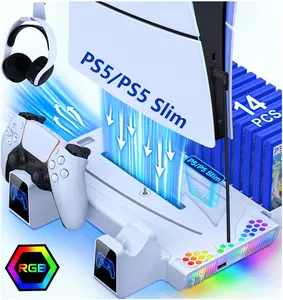 PS5 Slim&Digital/Disc Stand and Cooling Station with Controller Charging Station for Playsation 5, PS5 Accessories Incl. 3 Levels Turbo Fan, 14 Game Slots, Headset Holder, PS5 Cooler for PS5 Digital/Disc