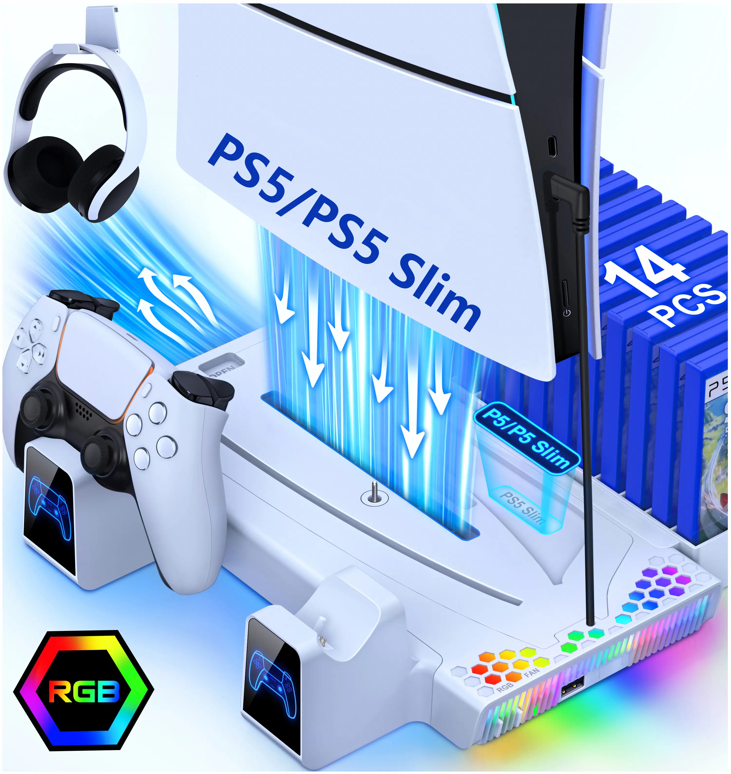 PS5 Slim&Digital/Disc Stand and Cooling Station with Controller Charging Station for Playsation 5, PS5 Accessories Incl. 3 Levels Turbo Fan, 14 Game Slots, Headset Holder, PS5 Cooler for PS5 Digital/Disc