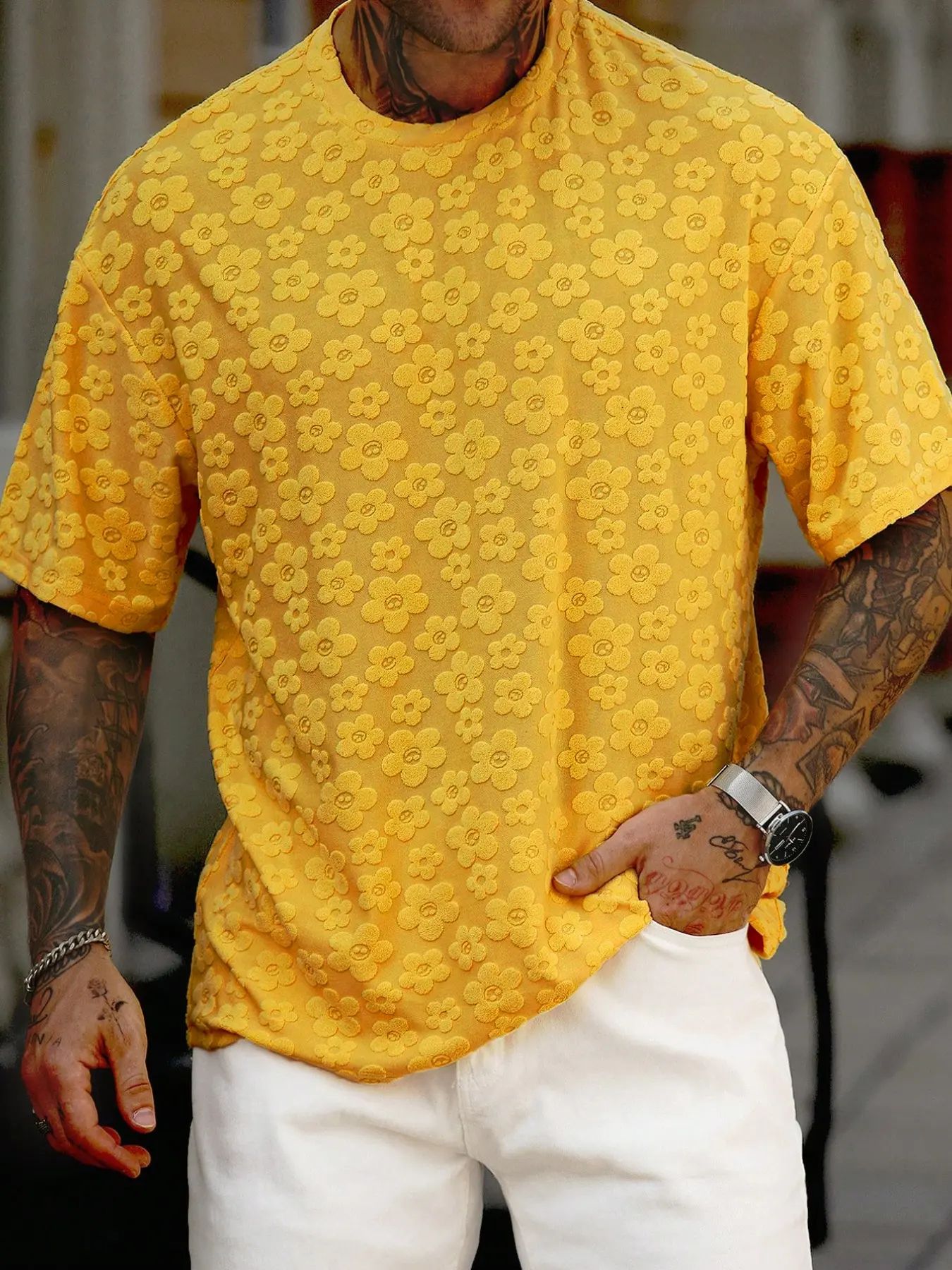 Men's Short Sleeve Casual T-Shirt, Round Neck Knitted Jacquard Floral Flower Design, Versatile Daily Wear, Trendy Summer Tee, Menswear Suitable for Commuting, Travel, Vacation
