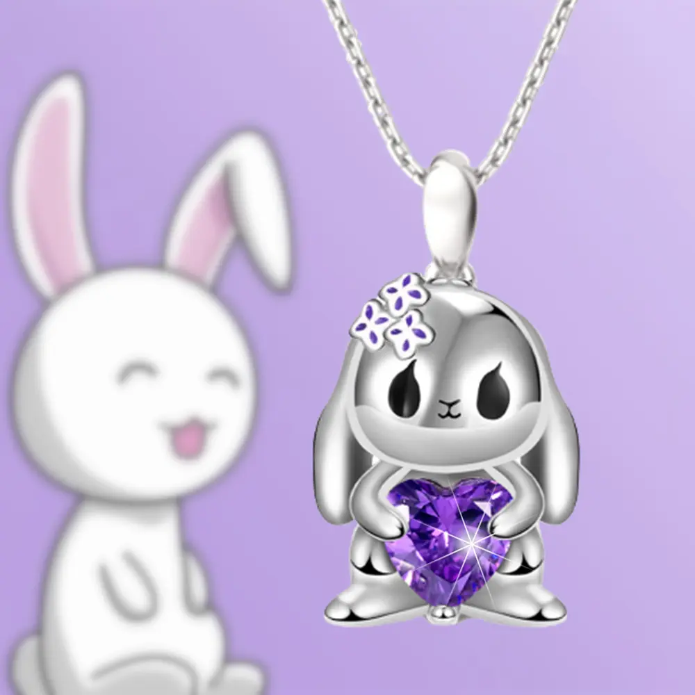 Cute Rabbit Pendant Lavender Heart-Shaped Floppy-Eared Bunny Alloy Necklace - Stainless Steel Jewelry, Adjustable Chain, Daily Geometric Accessory Gift for Women for Valentine’s Birthday, Animal, Enchanting, Short, Sweet Valentine’s