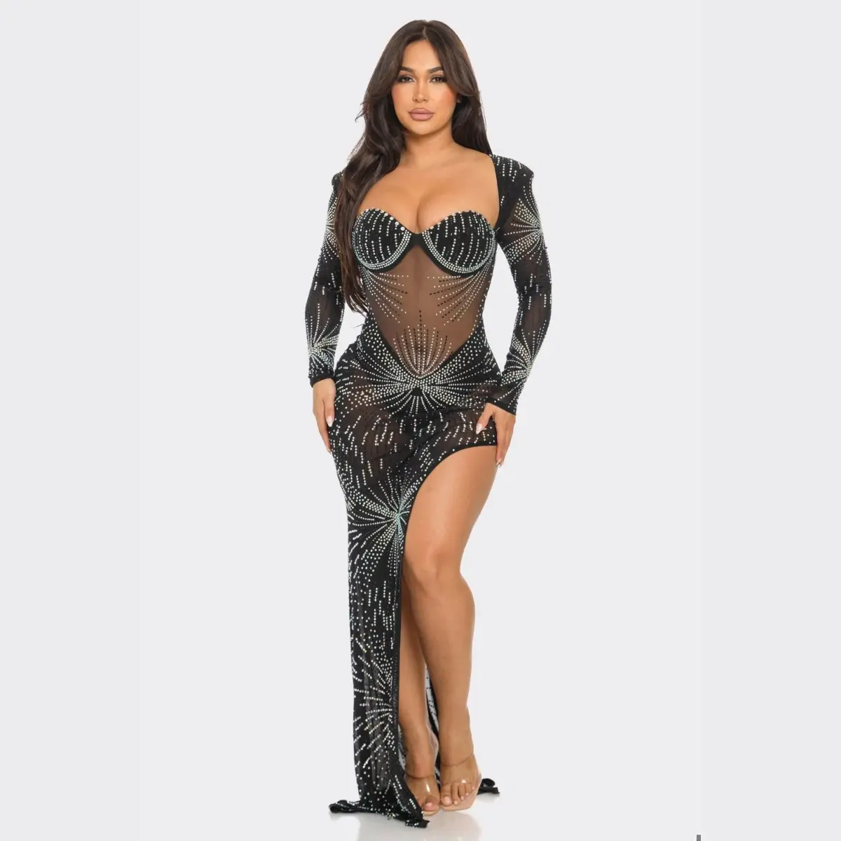 Sparkle Horizon Rhinestone Sheer Maxi Gown – Long Sleeve Cut-Out Slit Dress Elegant Formal Elegance Womenswear