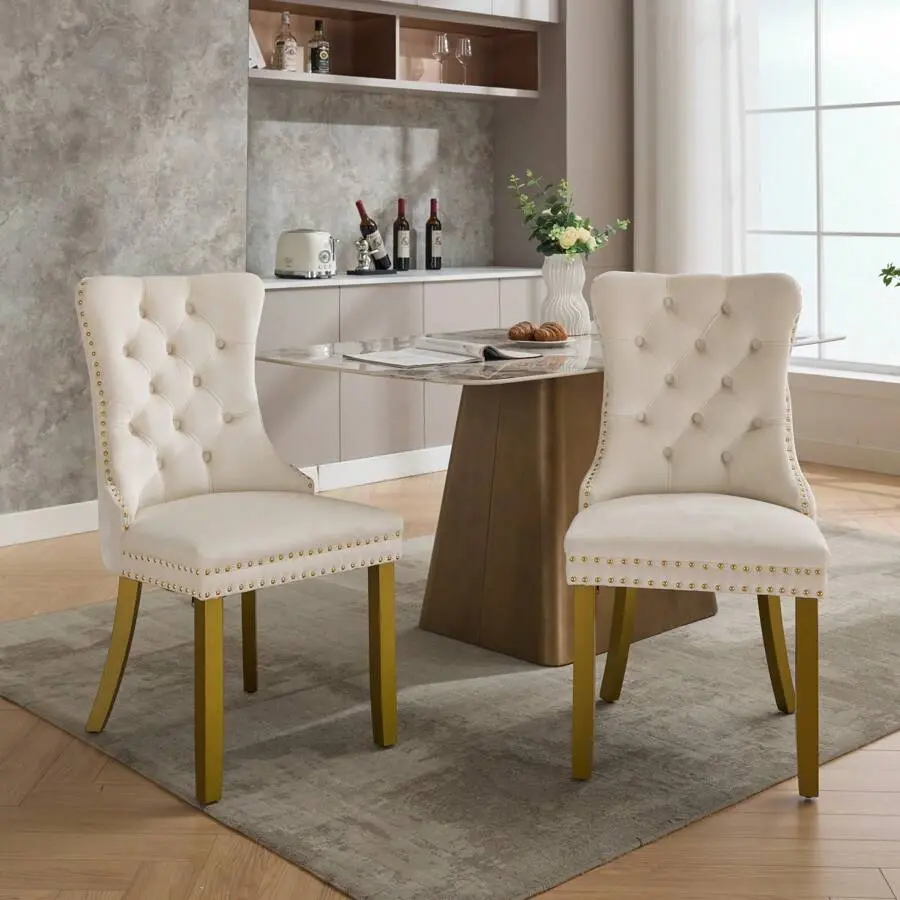 Set Of 2 Modern High-End Tufted Solid Wood Contemporary Velvet Upholstered Dining Chair With Wood Legs Nailhead Trim