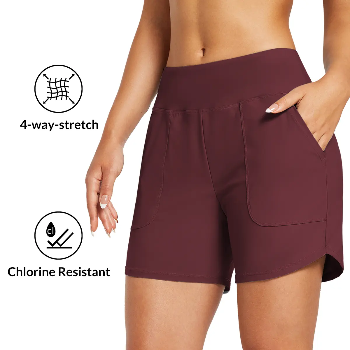 baleaf Women's High Waisted Swim Trunks, 5" Quick-Dry Board Shorts with Built-in Liner and Pockets, UPF 50+ Tummy Control, Swimwear Shorts, Women's Swim Trunks