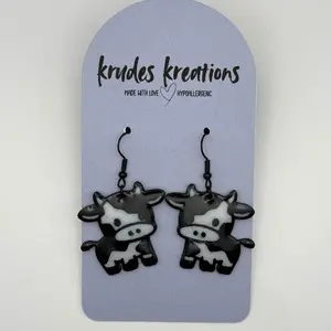 Glossy Moo Moo Cow Earrings – 3D Printed & UV Resin Coated