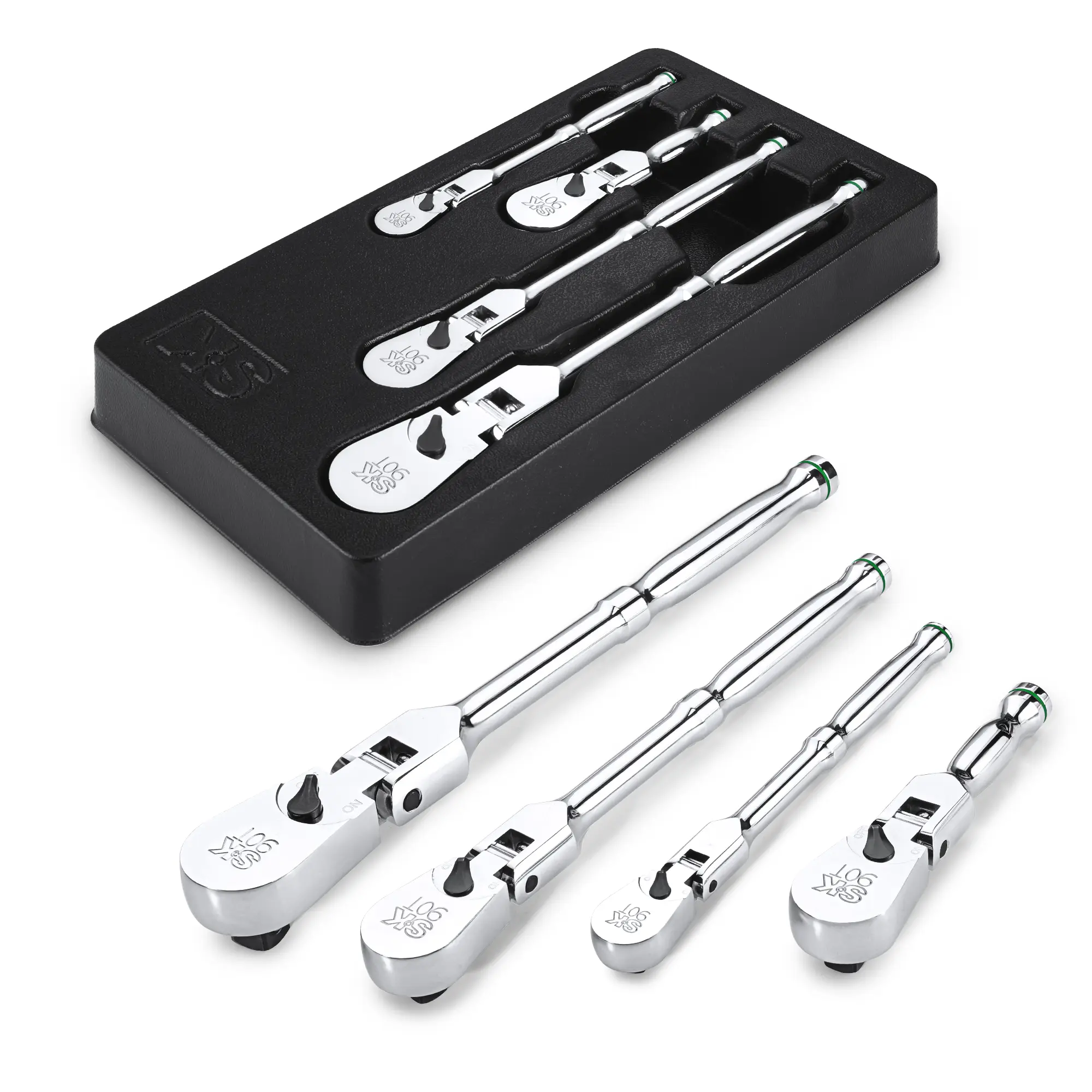 #summersale SK Flex-Head Ratchet, 1/4", 3/8", 1/2" Drive Ratchet, 90-Tooth, Premium CR-V Construction, Reversible Design, with Contoured Handle