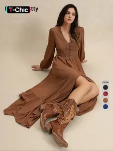 Women's Plain V Neck Long Sleeve Dress, Casual Fitted Woven Dress for All Seasons, Daily Wear Fashionable Women's Clothing Womenswear