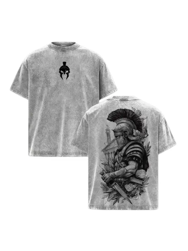 Spartan Warrior - Vintage Washed Graphic Tee Oversized Tshirt Men Streetwear Heavy Cotton Fall Outfits Clothes Men Retro Style Historical Graphic T-Shirt Roman Gladiator Armor Art Vintage Tees Trendy T-Shirts Gift for Men Apparel Seamless