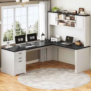 Sedeta 68.9 in L-Shape Corner Desk - Sturdy Modern Farmhouse Home Office Desk with Drawers, Lateral File Cabinet, Storage Shelves, Commercial Office Furniture, Corner Desks