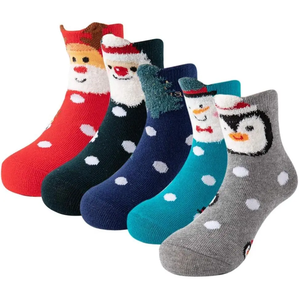Kids' 5-Pack Fluffy Heavyweight Christmas Crew Socks (Size L, 7-10 Years), Warm Thermal Calf-Height Socks for Boys & Girls, 80% Polyester 20% Spandex, Cute Cartoon Print, Medium Stretch, All-Seasons Outdoor Holiday Home Wear Gift