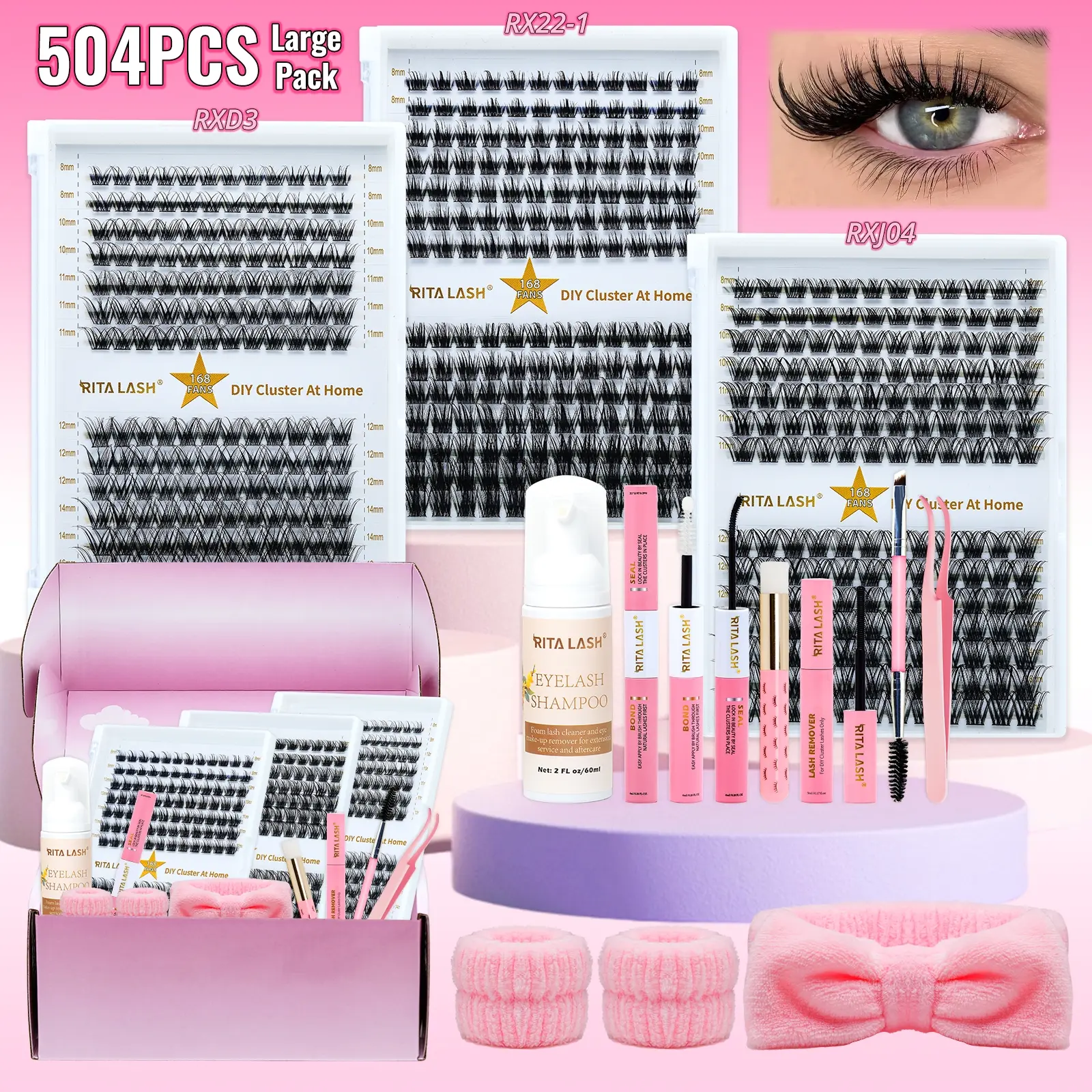 RITALASH 504Pcs Lash Extension Kit, Eyelash Extension Set, Diy Eyelash Extensions, Individual Lashes Clusters, D Curl Eyelash Extension With Bond, Seal, and Lash Applicator Tool, For Daily Use, Party, Travel, or as a Gift