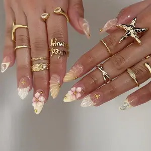 French Style Almond False Nails, Handmade Detachable Wearable Nail Tips, Removable False Nails, Glossy Finish, Single Item, Non-Flammable Liquid