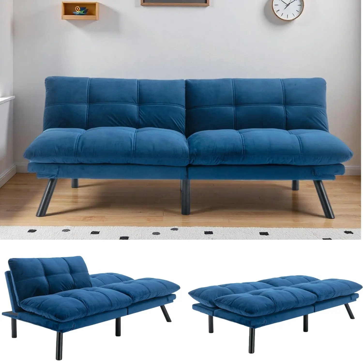 Modern Velvet Convertible Folding Futon Couch Sofa Bed Adjustable Pillow Top Arm Memory Foam Couch Double Loveseat Sofa for Compact Living Space,Dorm,Game Studio,Apartment,Bedroom (Navy Blue)