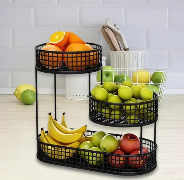 3 Tier Stackable Metal Fruit Basket Black, Multi-purpose Countertop Storage Organizer, Small Fruit Bowl Holder for Kitchen Counter, Hold Fruits Vegetables Bread Snacks