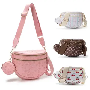 Women's Chic Faux Leather Cherry Print Crescent Crossbody Bag, Cute Preppy Chic Viral 'It' Shape Sling Bag with Multi-Compartment & Detachable Coin Pouch, Adjustable Wide Strap for Travel, Festivals summerwins
