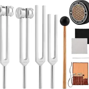 128 Hz, 136.1 Hz, 256 Hz, 384 Hz Tuning Forks & Mallets Set, Hex Key Included, Cleaning Cloth, Activator, Leather Bag, Silver Color Base