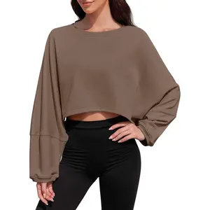 Imily Bela Womens Long Ballon Sleeve Sweatshirts Tops Cropped Crew Neck Loose Fit Casual Workout Shirts