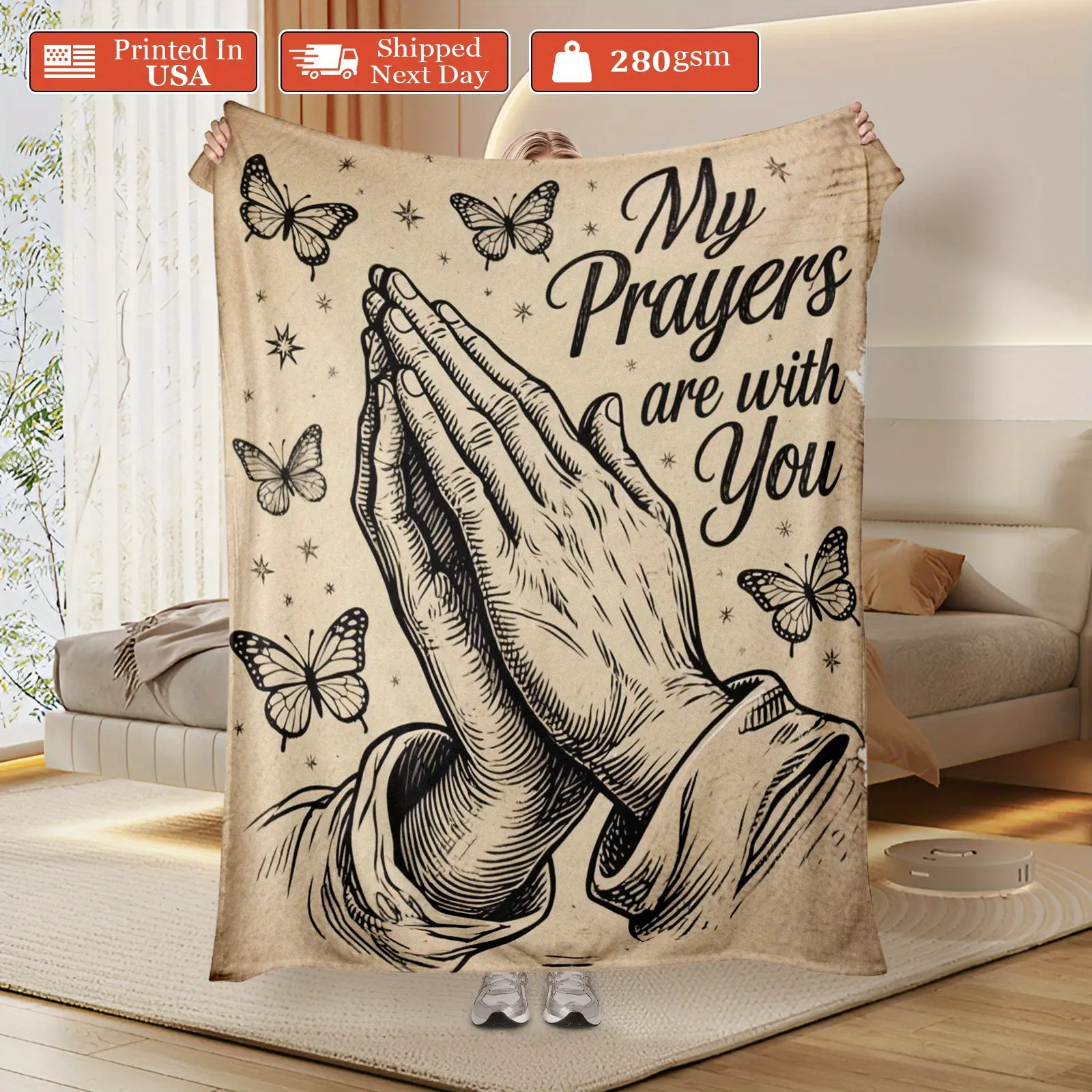 Funeral Commemorative Soft Flannel Blanket - Praying Hands & Butterfly Print, "My Prayers Are with You", Durable Tear-Resistant Modern All-Season Shawl, 280g/m² Beige & Black Condolence Gift for Grieving Loved Ones