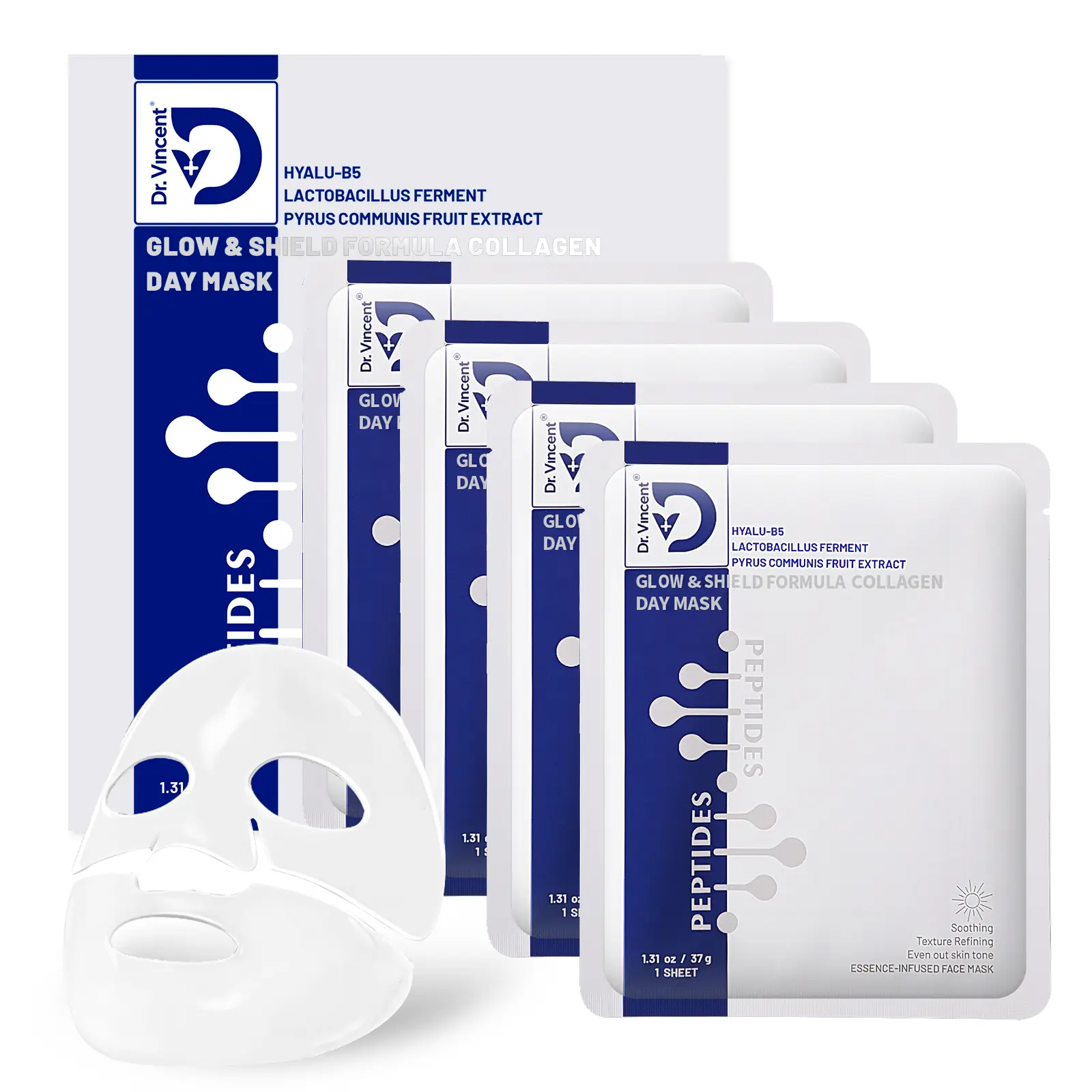 DR VINCENT Glow & Shield Collagen Gel Mask Multi-Pack (5PCS) - Color Changing Sheet Mask with Peptides, Probiotics, Hydrating, Plumping, Moisturizing Benefits for Dry Skin, Radiant Glass Skin, Hydrating Mask, Plumping Mask