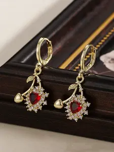 Vintage Elegant Heart Cherry Design Drop Earrings, Rhinestone Artificial Zircon Copper Material, Women's Daily Party Dating Jewelry Heart Shaped Dangle Earrings, High Quality Earrings