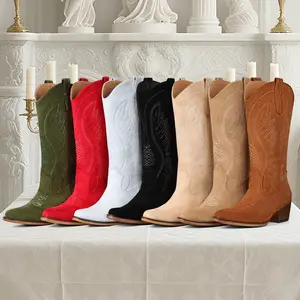 FIORALIE Cowboy Boots for Women Embroidered Pointy Toe Mid Calf Chunky Heel Western Cowgirl Boots Fashion Pull-on Comfort Botas