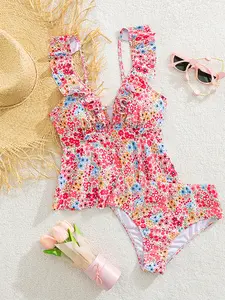 Women's Two-Piece Floral High-Waisted Bikini Set, Sweet Ruffle Design, Ruffle Bathing Suit, Beach Vacation Essential Women's Swimwear, High Waist Swimsuit