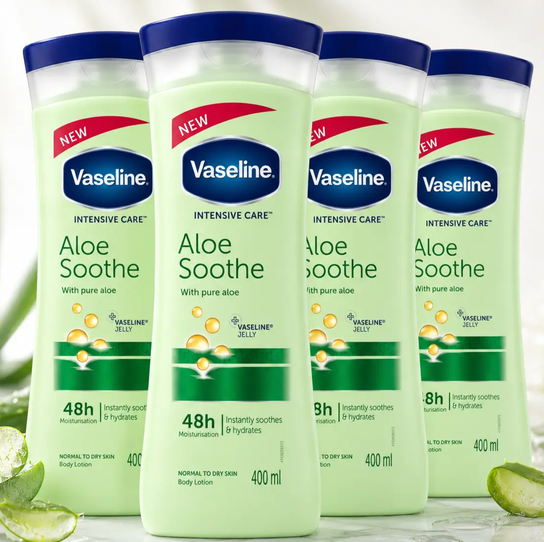 Vaseline Intensive Care Aloe Soothe Body Lotion Value Bundle (400ml/13.5oz Multipack Set) - Body Care, Lightweight Gentle Formula with Pure Aloe & Vaseline Jelly, 48h Moisturizer for Normal to Dry Skin, Restores Hydration, Subtle Scent, Moisture, Daily, S