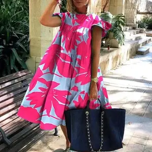 Round Neck Pink Maple Leaf Butterfly Print Loose Dress