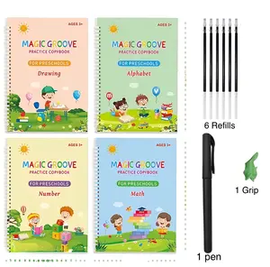 Grooved Handwriting Learning Tool Workbooks for Kids, 4 Pcs Reusable Magic Practice Copybooks with 1 Pen, 6 Refills & 1 Random Color Pen Grip, Journal Kit Set