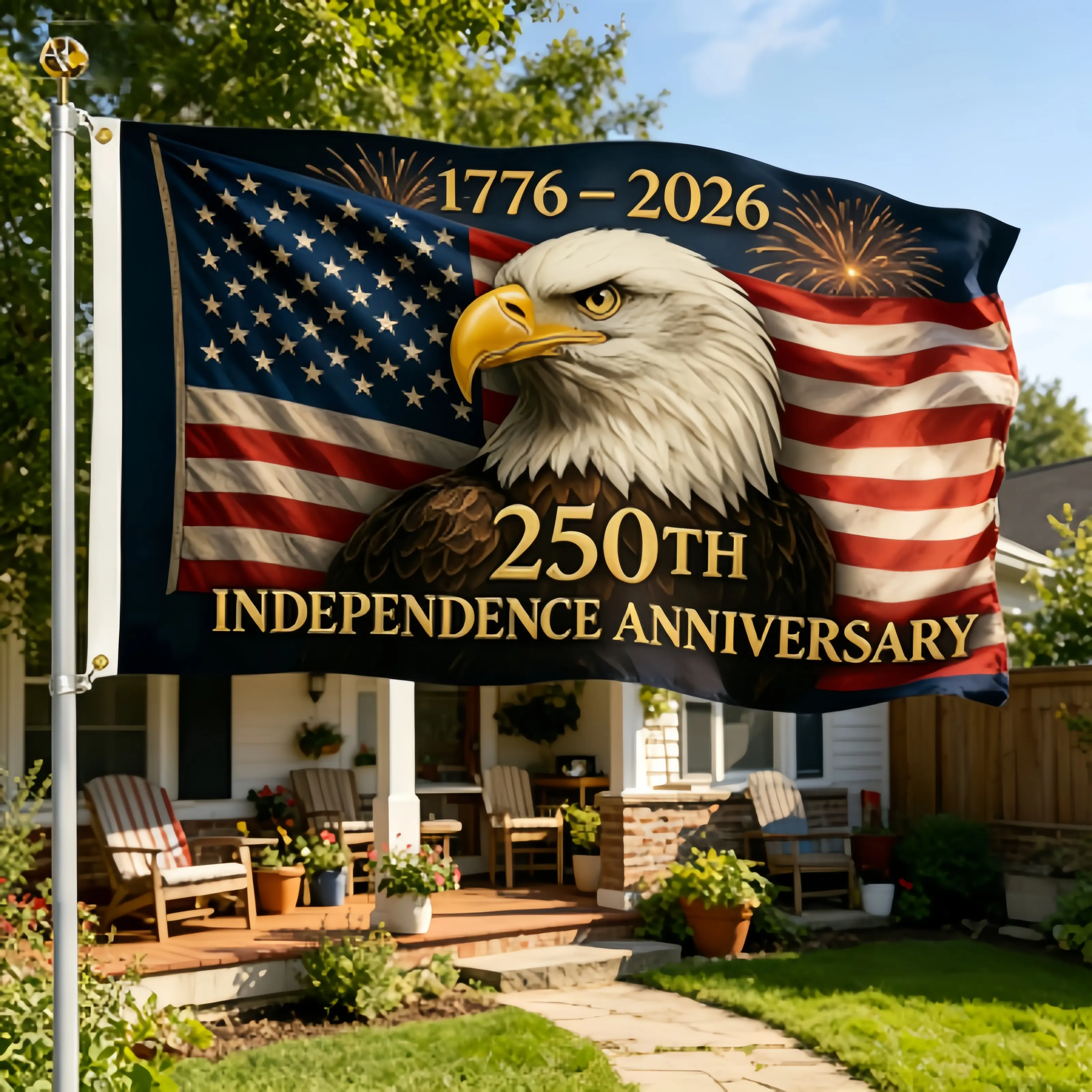 3x5ft Realistic Bald Eagle 250th Independence Anniversary Polyester Flag, American Flag Fireworks 1776‑2026 Banner, Heavy‑Duty Fade‑Proof Patriotic Flag for 250th US Independence & 4th of July Decor