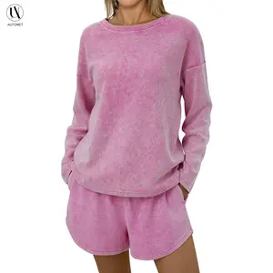 AUTOMET Women's 2-Piece Cotton Waffle Lounge Outfits - Crewneck Long Sleeve Drop Shoulder Fitted Top, Classic Style Casual Above-the-Knee Hem Relaxed Sweatshorts for Fall Comfort
